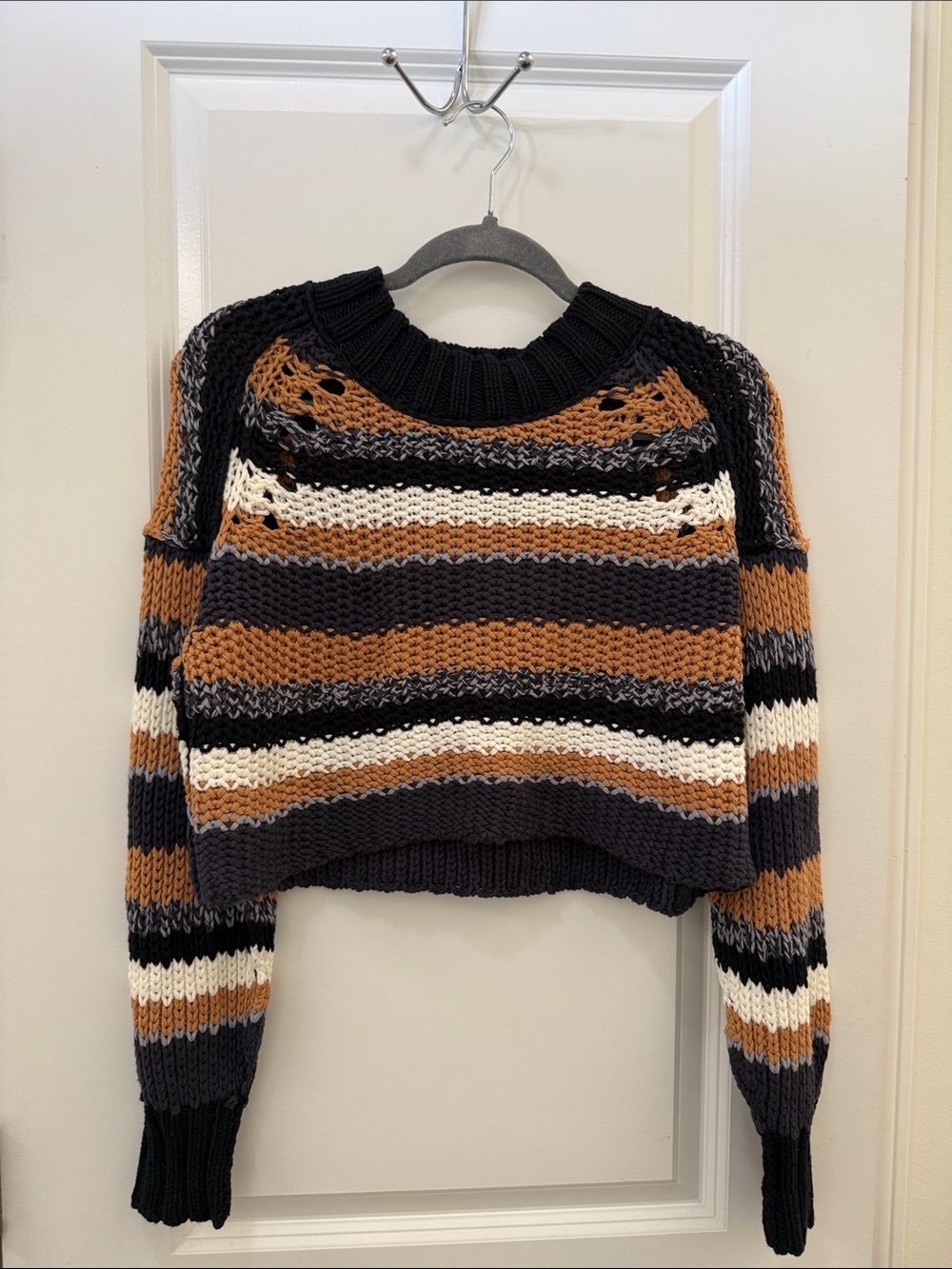 Free People Striped Cropped Crewneck Sweater in Black, Brown & Cream